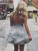 A-Line/Princess V-neck Tulle Sleeveless Short/Mini Backless Dress with Applique