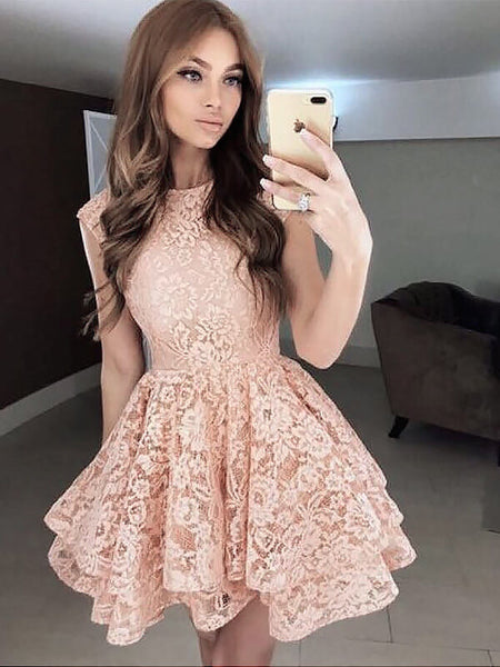A-Line/Princess Scoop Lace Sleeveless Short/Mini Prom Dress with Tiered