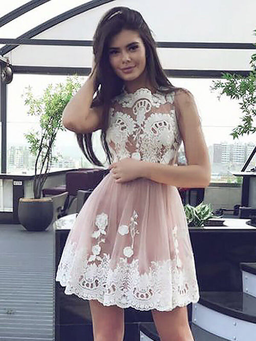 A-Line/Princess Scoop Chiffon Sleeveless Short/Mini Prom Dress with Lace