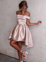 A-Line/Princess Off-the-Shoulder Satin Short Sleeves Asymmetrical Dress with Pleats
