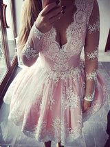 Ball Gown V-neck Lace Long Sleeves Short/Mini Homecoming Dress with Lace