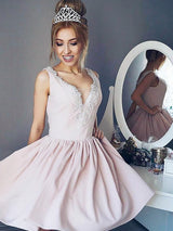 A-Line/Princess V-neck Satin Sleeveless Short/Mini Prom Dress with Beading