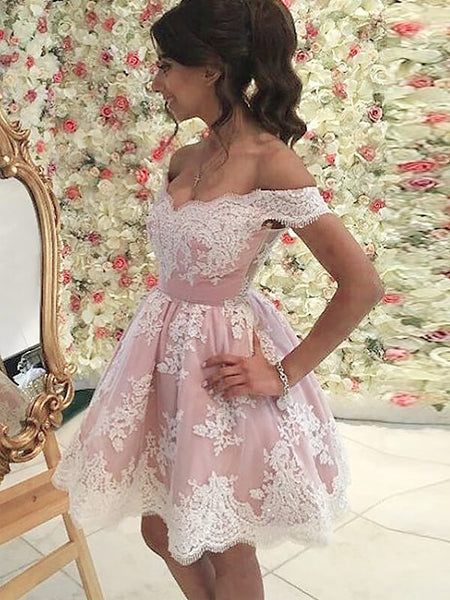 A-Line/Princess Off-the-Shoulder Tulle Sleeveless Short/Mini Dress with Applique