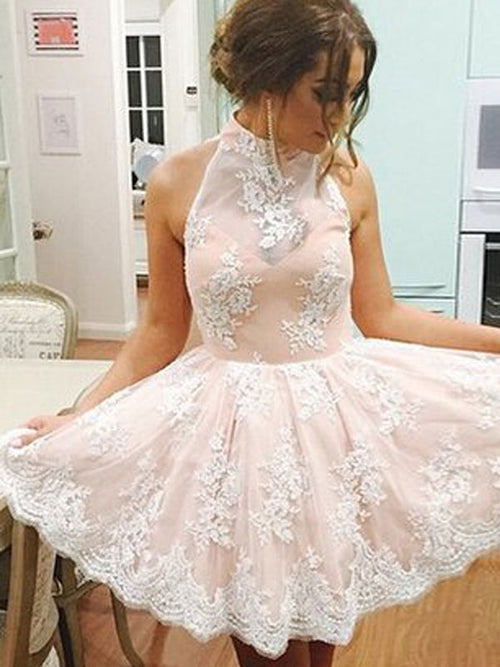 A-Line/Princess Halter Lace Sleeveless Short/Mini Homecoming Dress with Lace