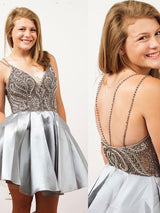 A-Line/Princess Spaghetti Straps Satin Sleeveless Short/Mini Backless Dress with Rhinestone