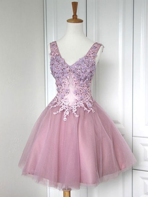 A-Line/Princess V-neck Tulle Sleeveless Short/Mini Dress with Applique Lace