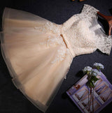 A-Line/Princess Scoop Tulle Short Sleeves Knee Length Dress with Applique Lace
