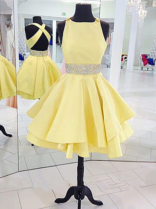 A-Line/Princess Spaghetti Straps Satin Sleeveless Short/Mini Homecoming Dress with Beading