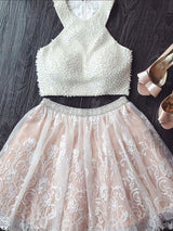 A-Line/Princess Jewel Lace Sleeveless Short/Mini Prom Dress with Pearls