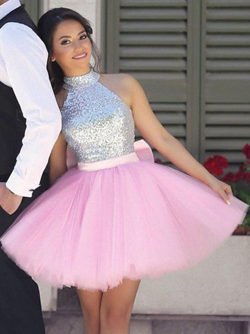 Ball Gown High Neck Tulle Sleeveless Short/Mini Dress with Bowknot Sequins