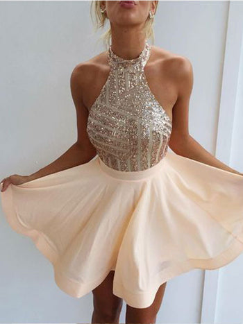 A-Line/Princess Halter Chiffon Sleeveless Short/Mini Prom Dress with Sequin