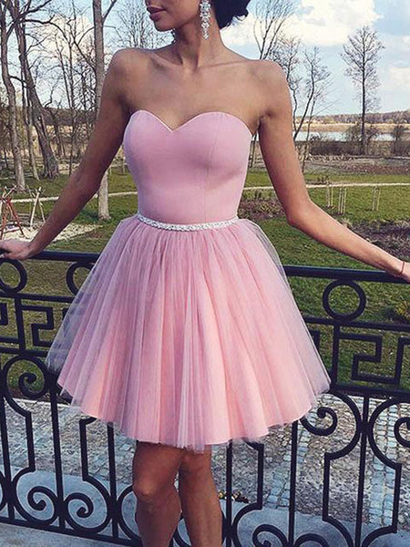 A-Line/Princess Sweetheart Tulle Sleeveless Knee Length Dress with Beading