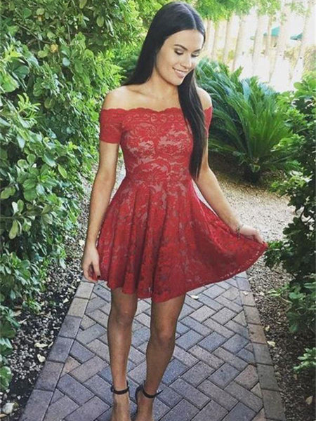 A-Line/Princess Off-the-Shoulder Lace Short Sleeves Short/Mini Dress with Lace
