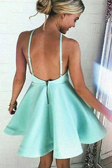 A-Line/Princess V-neck Satin Sleeveless Short/Mini Backless Homecoming Dress