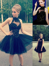 A-Line/Princess High Neck Tulle Sleeveless Short/Mini Prom Dress with Beading