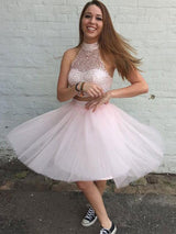 A-Line/Princess High Neck Tulle Sleeveless Short/Mini 2 Piece Prom Dress with Beading