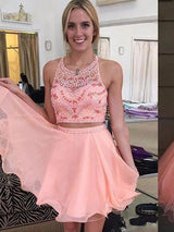 A-Line/Princess Halter Tulle Sleeveless Knee Length Prom Dress with Beading