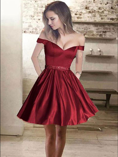 A-Line/Princess Off-the-Shoulder Satin Sleeveless Short/Mini Dress with Beading