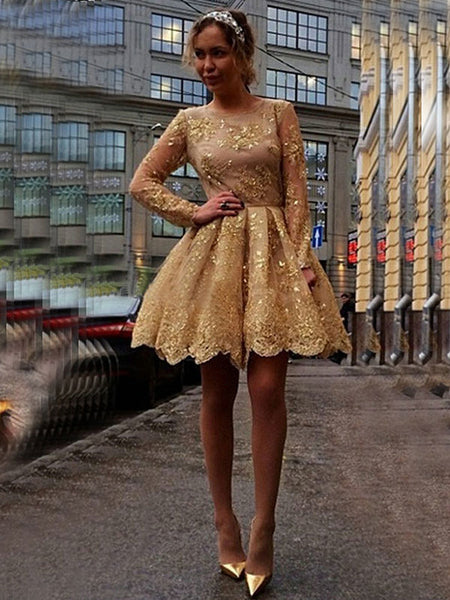 Ball Gown Jewel Long Sleeves Short/Mini Prom Homecoming Dress with Applique