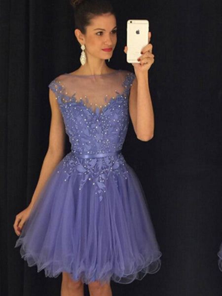 A-Line/Princess Bateau Organza Sleeveless Knee Length Dress with Beading Applique