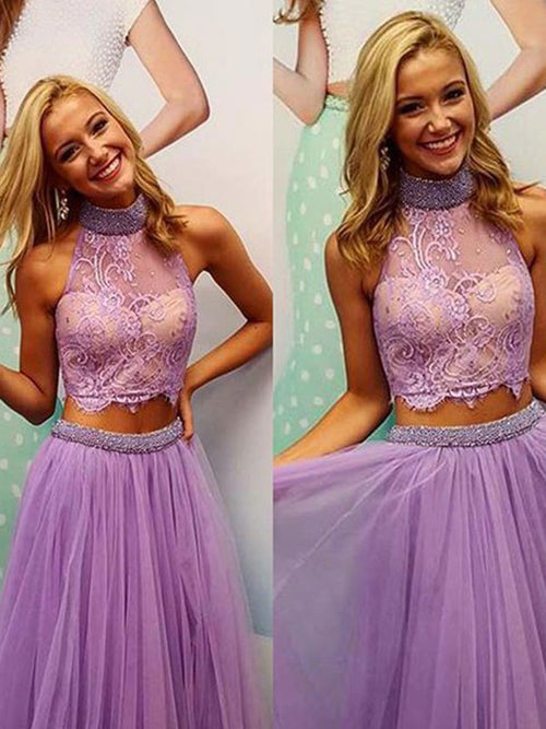 A-Line/Princess High Neck Tulle Sleeveless Short/Mini Two Piece Dress with Applique Lace