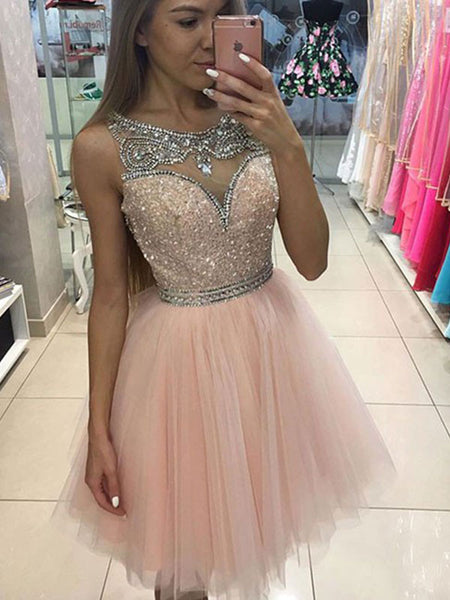 A-Line/Princess Scoop Tulle Sleeveless Short/Mini Prom Dress with Beading Sequin