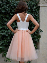 A-Line/Princess Spaghetti Straps Tulle Sleeveless Knee Length Dress with Pleats