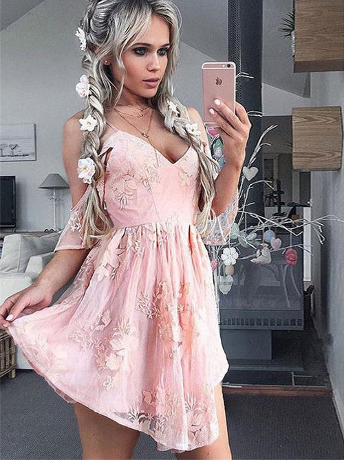 A-Line/Princess Spaghetti Straps Chiffon Sleeveless Short/Mini Dress with Applique