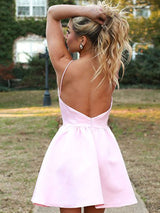 A-Line/Princess Spaghetti Straps Satin Sleeveless Short/Mini Backless Dress with Ruched