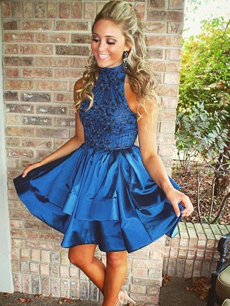 A-Line/Princess High Neck Taffeta Sleeveless Short/Mini Prom Dress with Beading