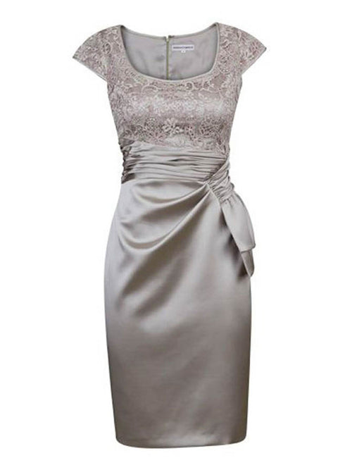 Sheath/Column Square Cap Sleeves Satin Short/Mini Mother of the Bride Dress with Lace Ruched