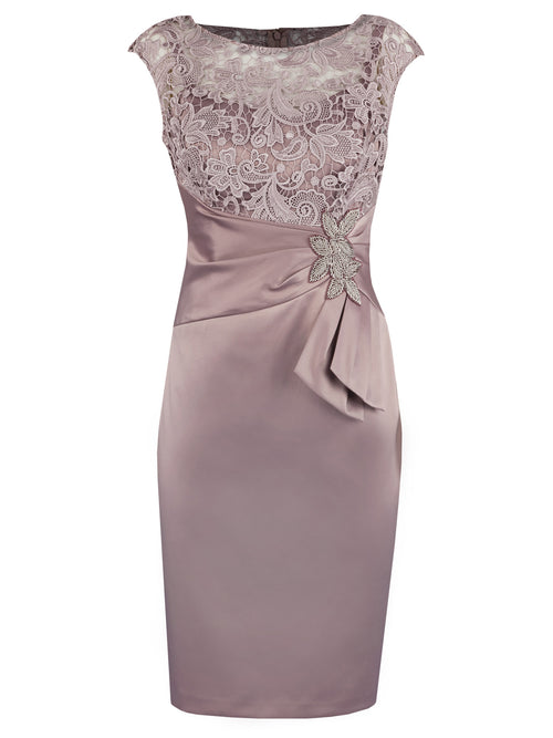 Sheath/Column Bateau Cap Sleeves Satin Knee Length Mother of the Bride Dress with Beading Lace