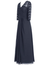 A-Line/Princess V-Neck Long Sleeves Chiffon Floor Length Mother of the Bride Dress with Lace