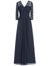 A-Line/Princess V-Neck Long Sleeves Chiffon Floor Length Mother of the Bride Dress with Lace