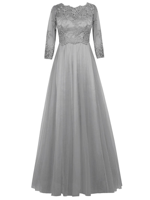 A-Line/Princess Scoop Long Sleeves Tulle Floor Length Mother of the Bride/Groom Dress with Lace