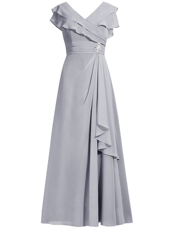 A-Line/Princess V-Neck Cap Sleeves Chiffon Floor Length Mother of the Bride Dress with Rhinestone