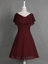 A-Line/Princess Cowl Cap Sleeves Chiffon Knee Length Mother of the Bride Dress with Pleats Ruffles