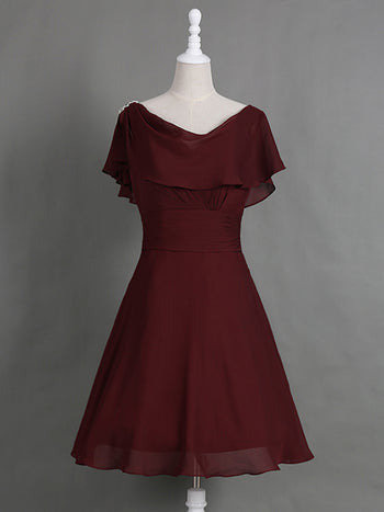 A-Line/Princess Cowl Cap Sleeves Chiffon Knee Length Mother of the Bride Dress with Pleats Ruffles