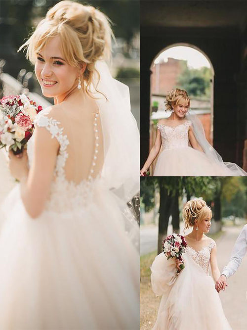 A-Line/Princess Scoop Court Train Sleeveless Tulle Wedding Dress