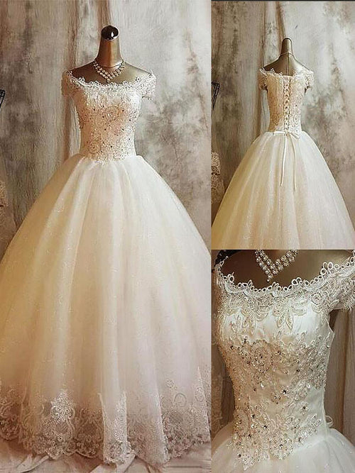 Ball Gown Off-the-Shoulder Sweep/Brush Train Sleeveless Tulle Bridal Gown with Applique