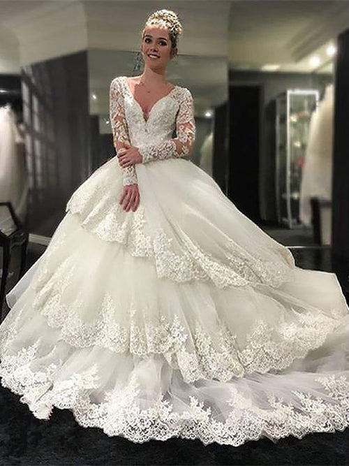 Ball Gown V-neck Court Train Long Sleeves Tulle Wedding Dress