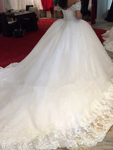 Ball Gown Off-the-Shoulder Sweep Brush Train Sleeveless Tulle Wedding Dress with Beading
