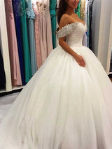 Ball Gown Off-the-Shoulder Sweep Brush Train Sleeveless Tulle Wedding Dress with Beading