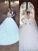Ball Gown Off-the-Shoulder Court Train Long Sleeves Tulle Wedding Dress