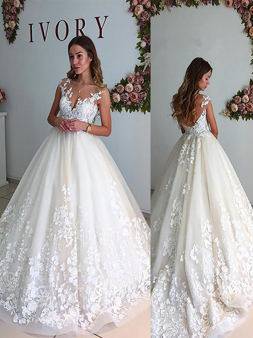 A-Line/Princess V-neck Court Train Sleeveless Tulle Wedding Dress