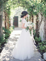 A-Line/Princess Bateau Sweep/Brush Train Short Sleeves Tulle Wedding Dress