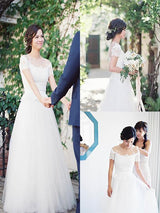 A-Line/Princess Bateau Sweep/Brush Train Short Sleeves Tulle Wedding Dress