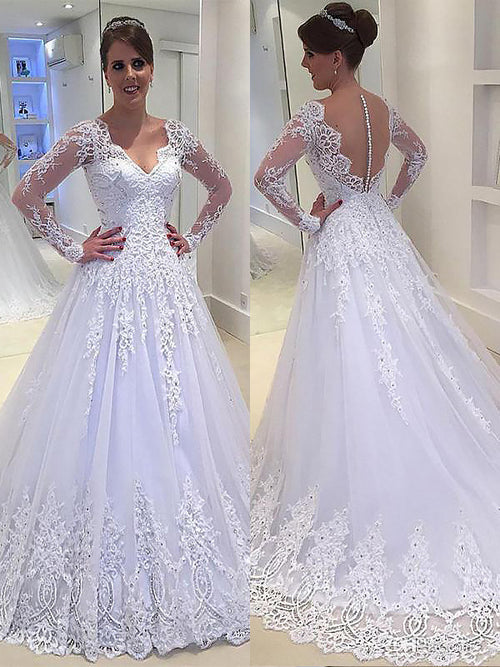 A-Line/Princess V-neck Court Train Long Sleeves Tulle Wedding Dress with Applique