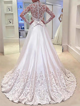 A-Line/Princess V-neck Sweep/Brush Train Long Sleeves Satin Wedding Dress