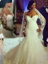 Trumpet/Mermaid Sweetheart Sweep/Brush Train Long Sleeves Tulle Bridal Dress with Applique